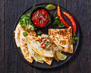 quesadilla with cheese, chilli, greens